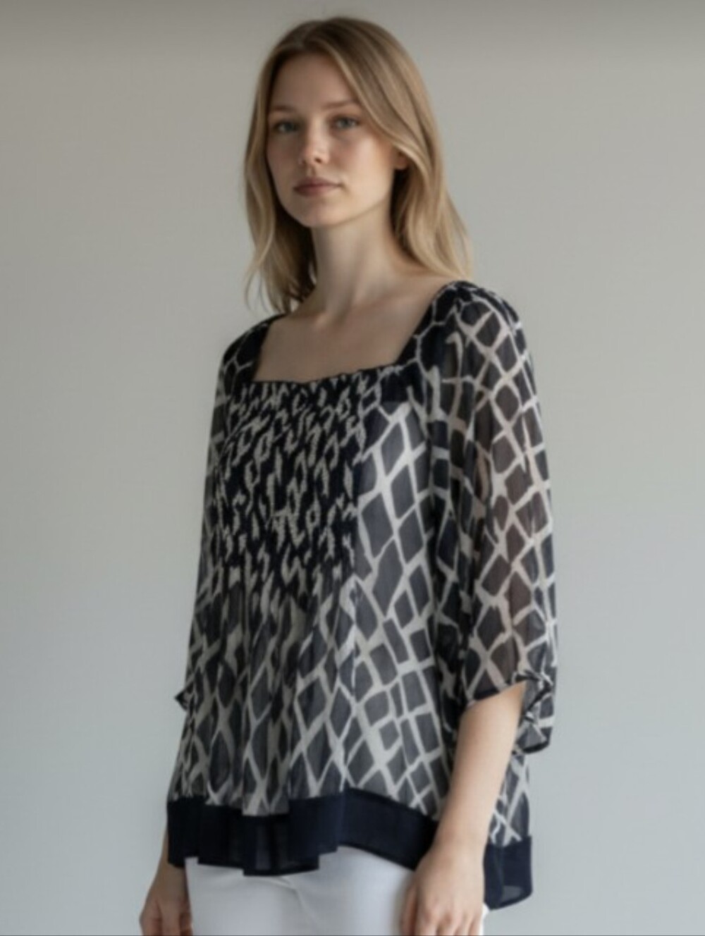 ICE! FLUTTERY, FLOWY BLACK & TAN RUCHED FRONT, SHEER CHIFFON TOP, BLOUSE! SZ L